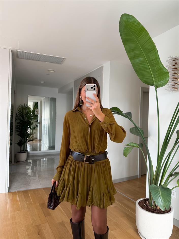 Mona Kraşlı Kemerli Şifon Elbise - Yağ Yeşili 