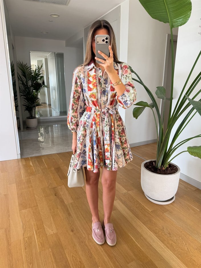 Monaco Desenli Kuşaklı Elbise