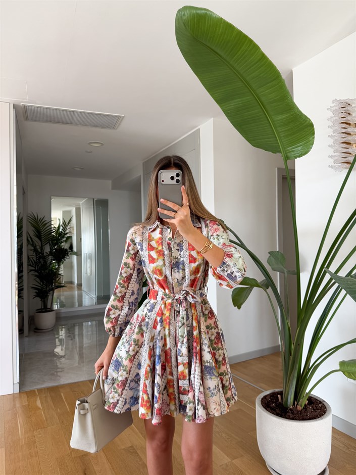 Monaco Desenli Kuşaklı Elbise