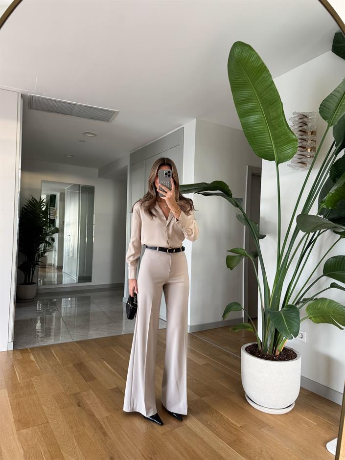 Moss Yüksek Bel Kemerli Pantolon - Bej