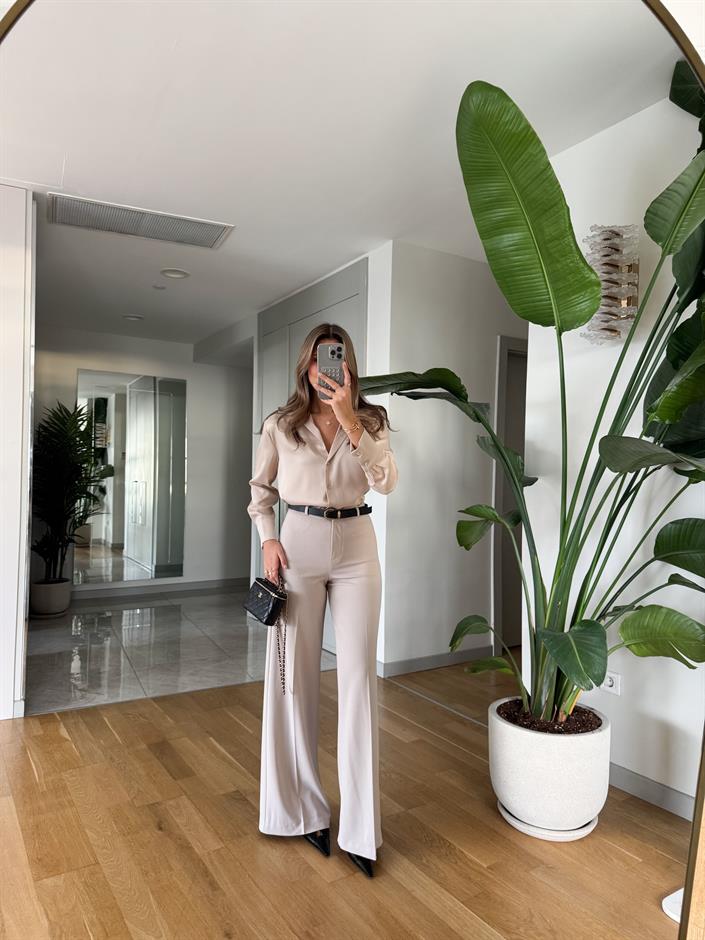 Moss Yüksek Bel Kemerli Pantolon - Bej
