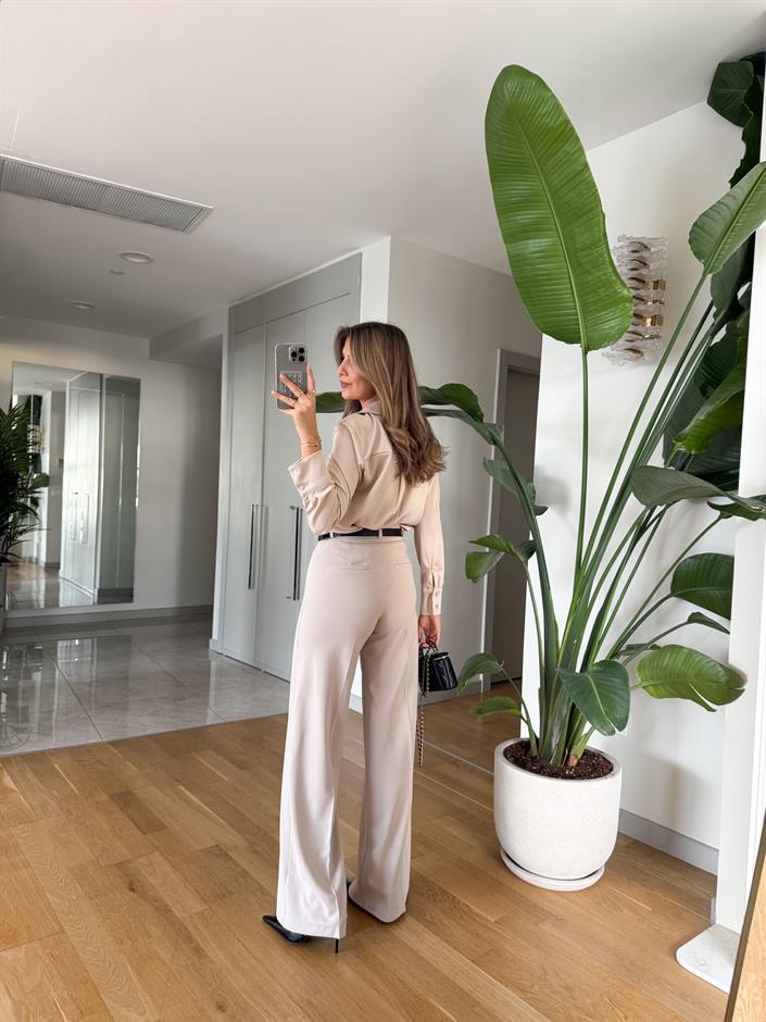Moss Yüksek Bel Kemerli Pantolon - Bej