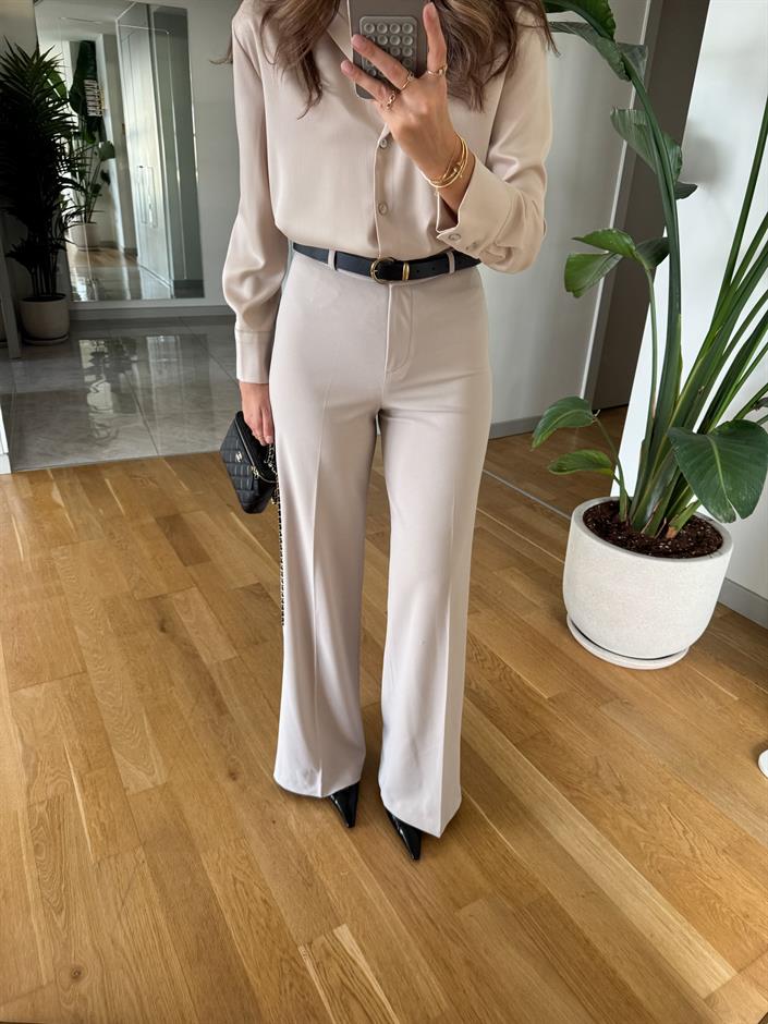 Moss Yüksek Bel Kemerli Pantolon - Bej
