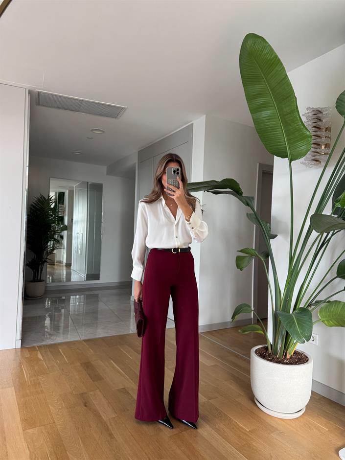 Moss Yüksek Bel Kemerli Pantolon - Bordo