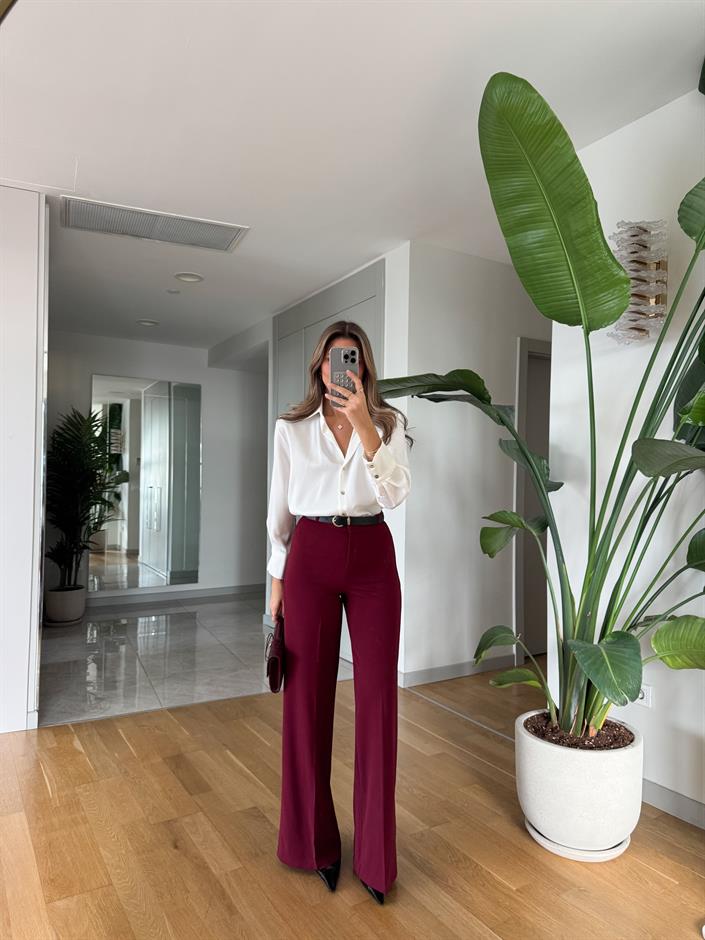 Moss Yüksek Bel Kemerli Pantolon - Bordo