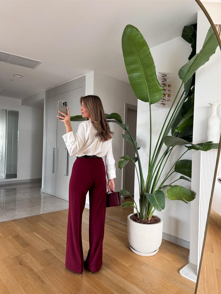 Moss Yüksek Bel Kemerli Pantolon - Bordo