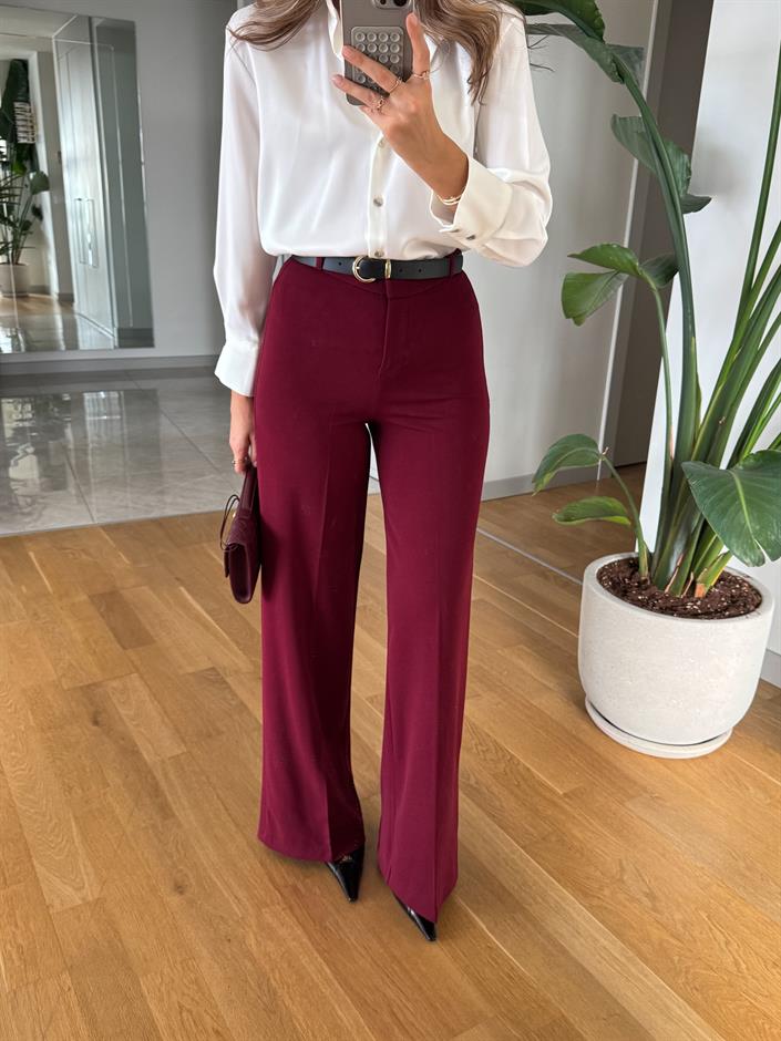 Moss Yüksek Bel Kemerli Pantolon - Bordo