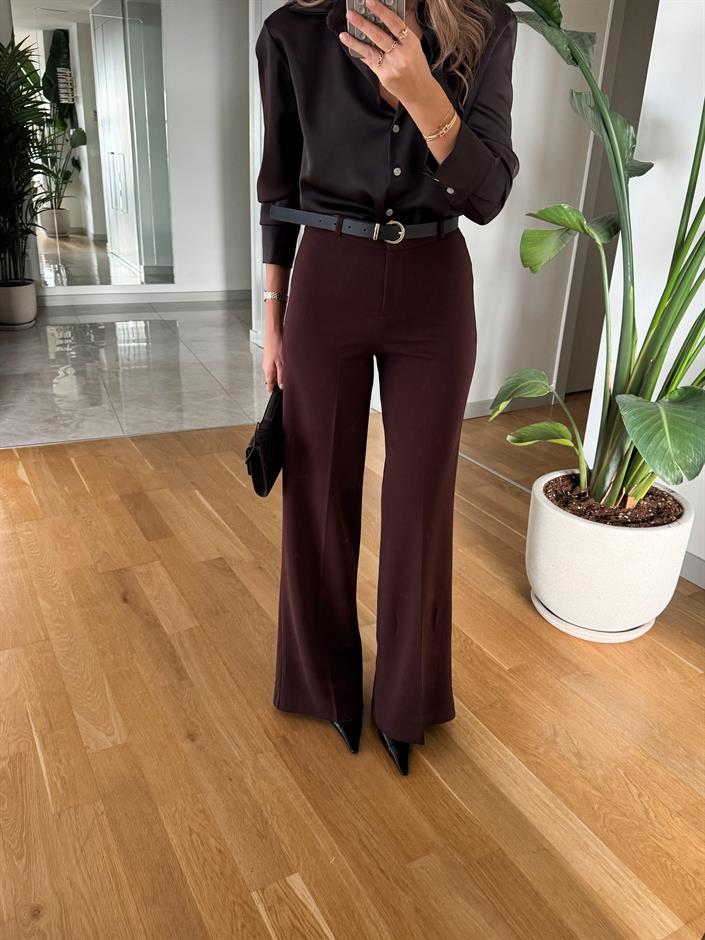 Moss Yüksek Bel Kemerli Pantolon - Kahve