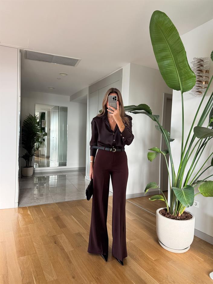Moss Yüksek Bel Kemerli Pantolon - Kahve