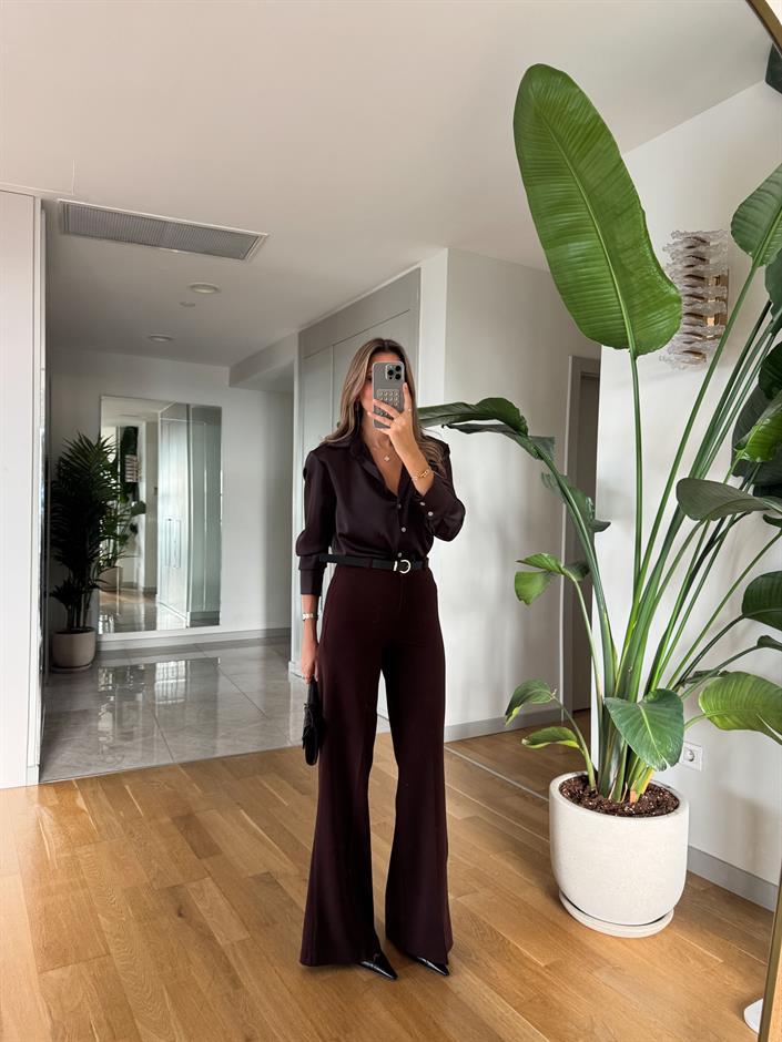 Moss Yüksek Bel Kemerli Pantolon - Kahve