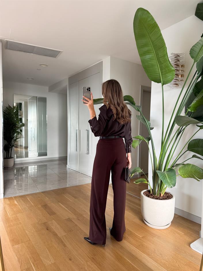 Moss Yüksek Bel Kemerli Pantolon - Kahve