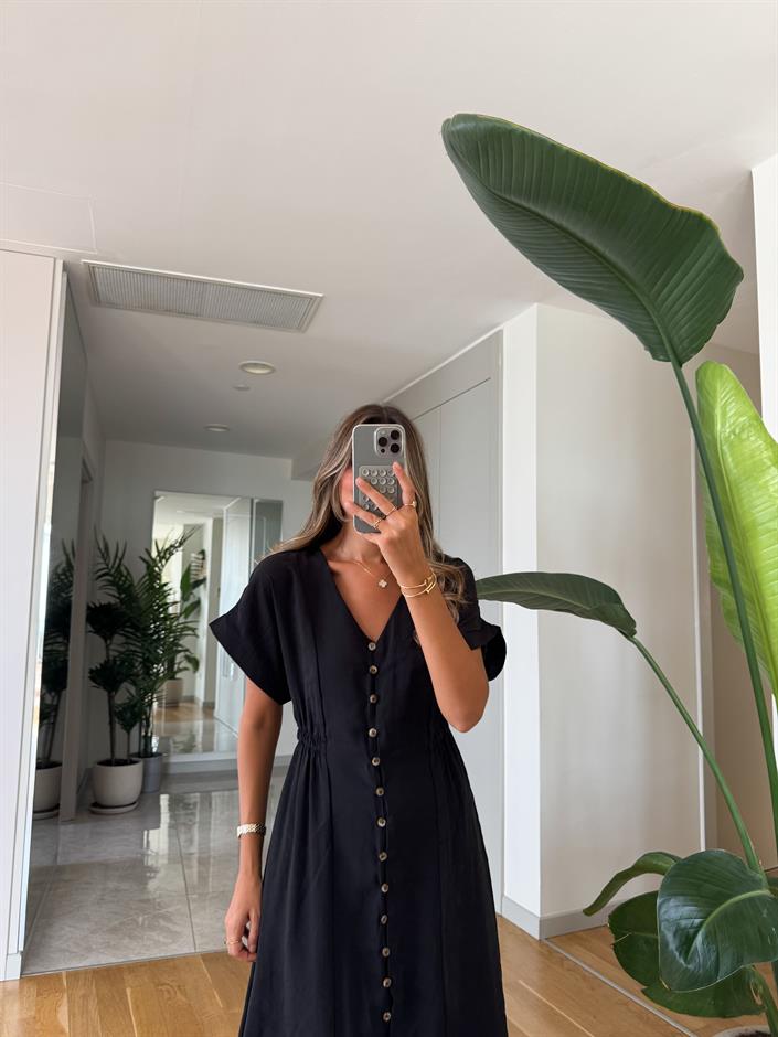 MSY Tensel Dokulu Düğmeli Elbise - Siyah