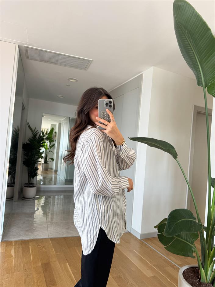 Mui Ekru Siyah Çizgili Tensel Gömlek