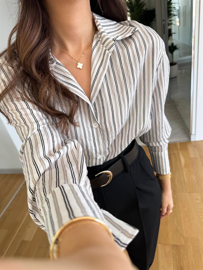 Mui Ekru Siyah Çizgili Tensel Gömlek