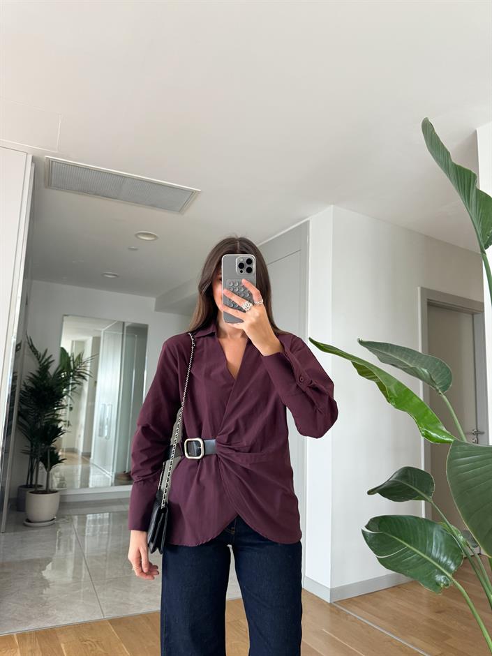 Mürdüm Deri Kemer Detaylı Kruvaze Gömlek