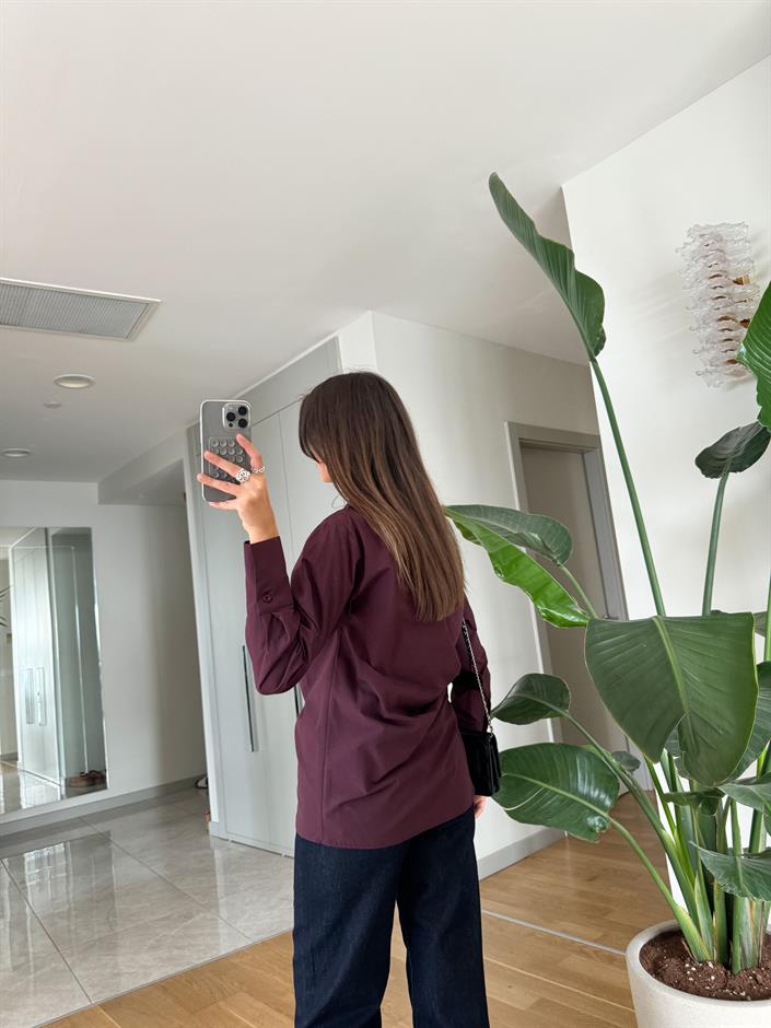 Mürdüm Deri Kemer Detaylı Kruvaze Gömlek