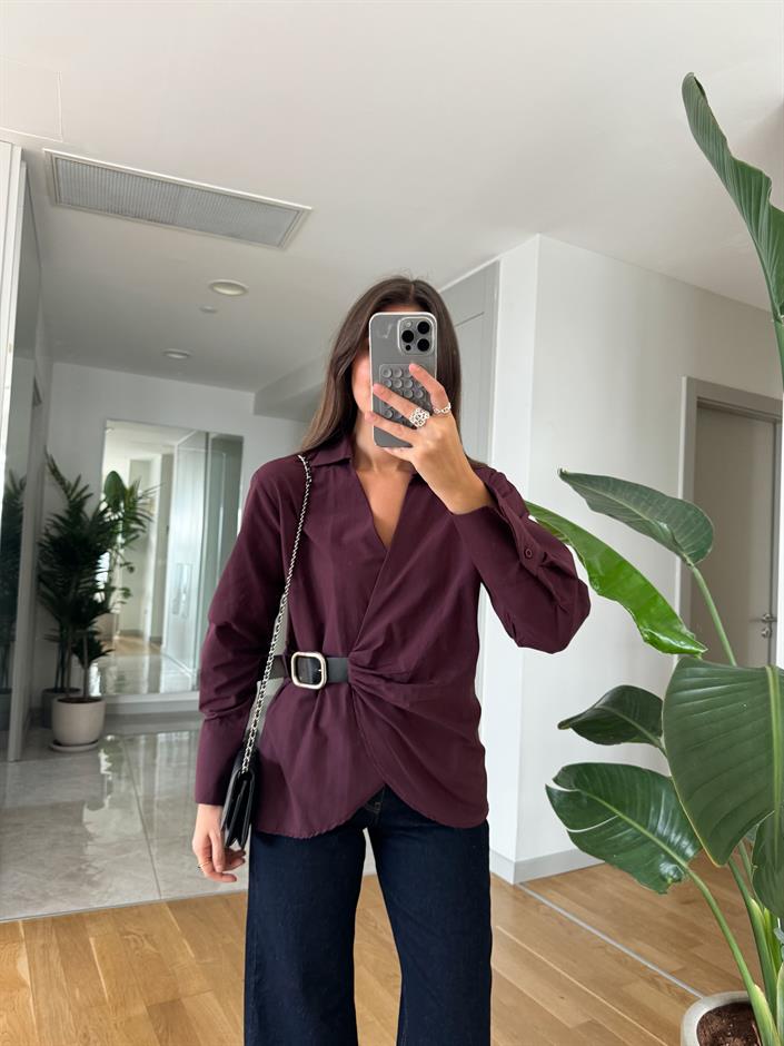 Mürdüm Deri Kemer Detaylı Kruvaze Gömlek