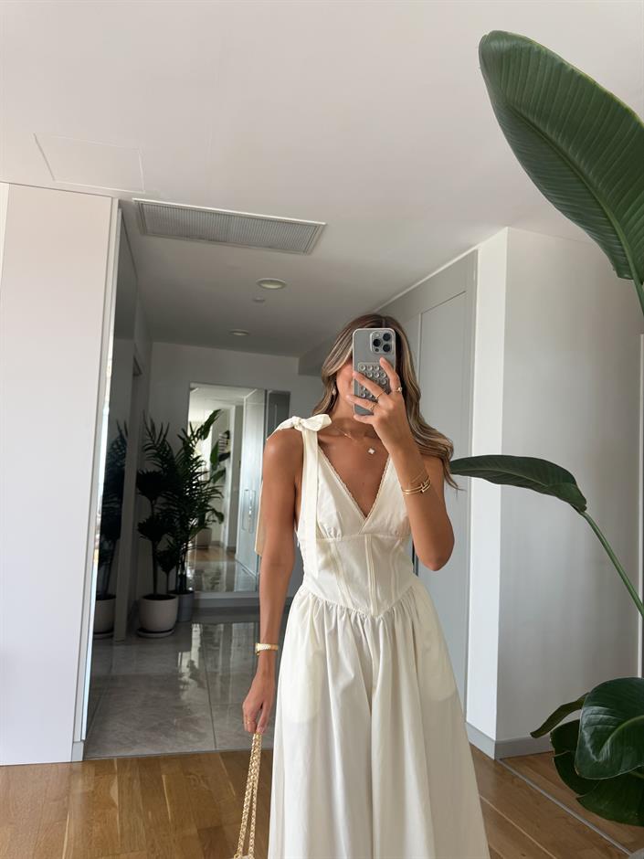 Nadia Omuz Bağlamalı Elbise - Ekru