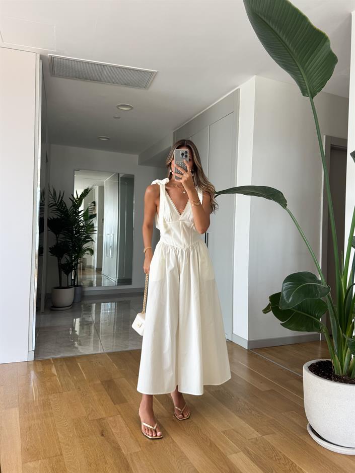 Nadia Omuz Bağlamalı Elbise - Ekru