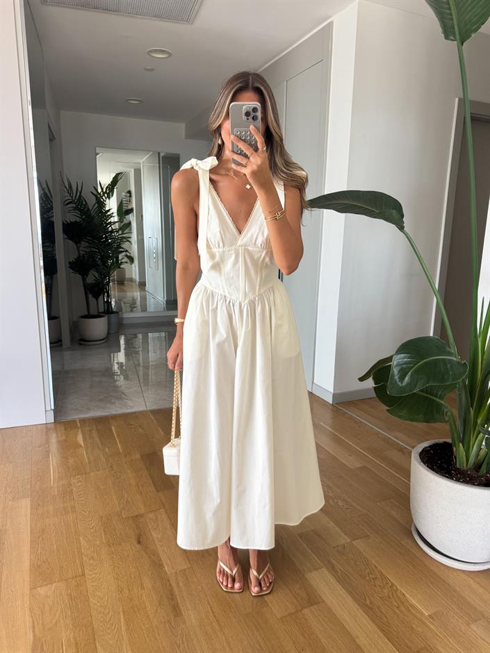 Nadia Omuz Bağlamalı Elbise - Ekru