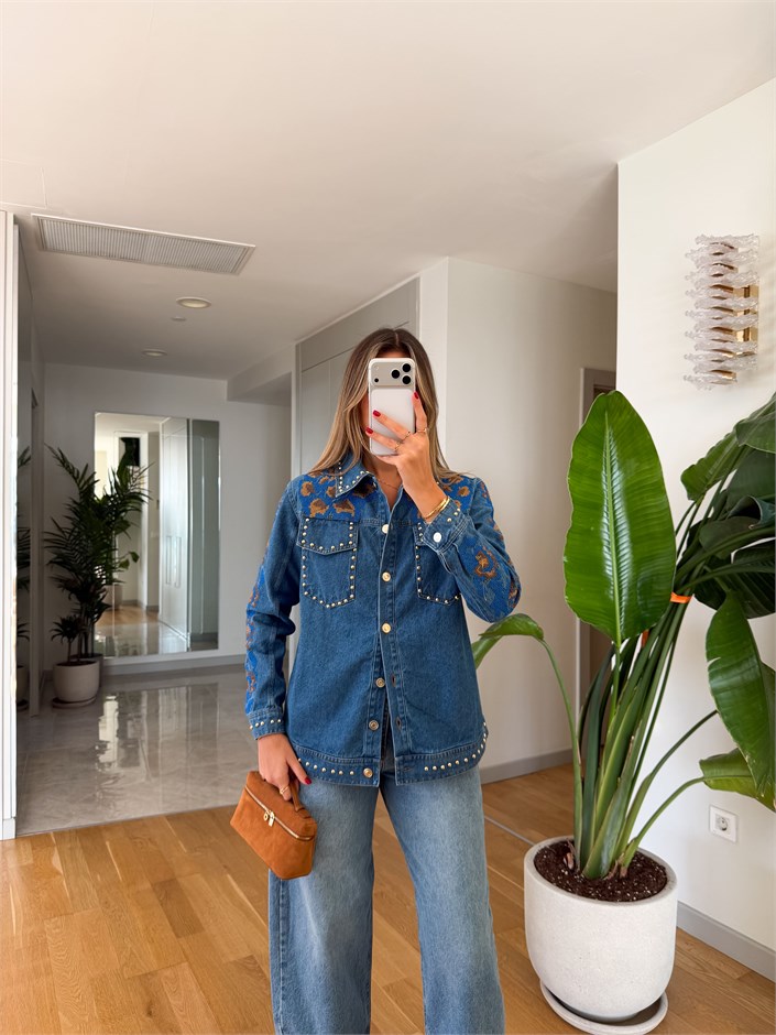 Nakışlı Droplu Denim Gömlek