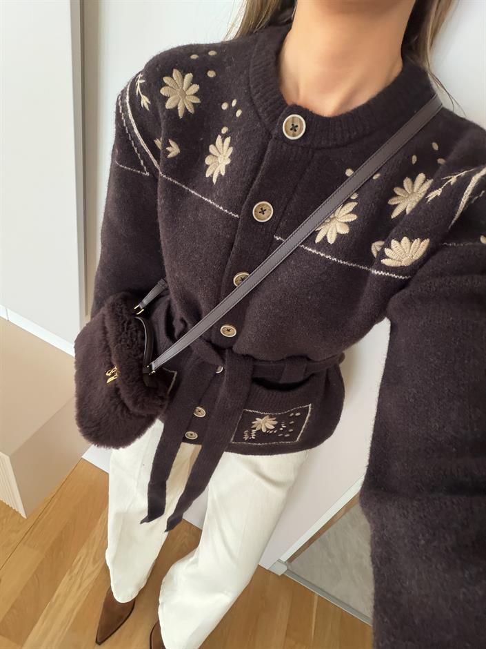 Nakışlı Kemerli Yün Ceket Hırka - Kahve