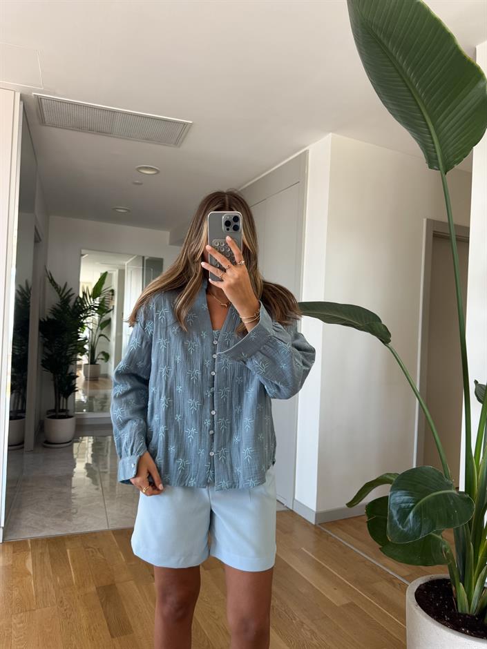 Nakışlı Müslin Gömlek Bluz - Mavi 