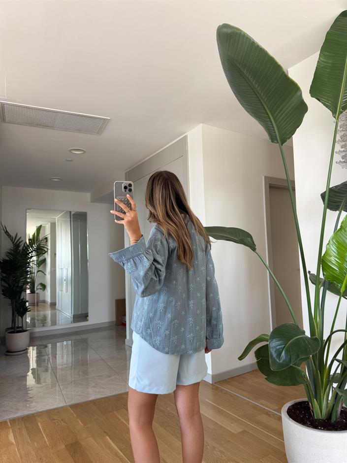 Nakışlı Müslin Gömlek Bluz - Mavi 