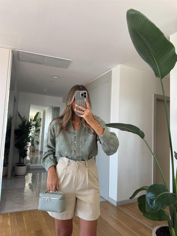 Nakışlı Müslin Gömlek Bluz - Mint