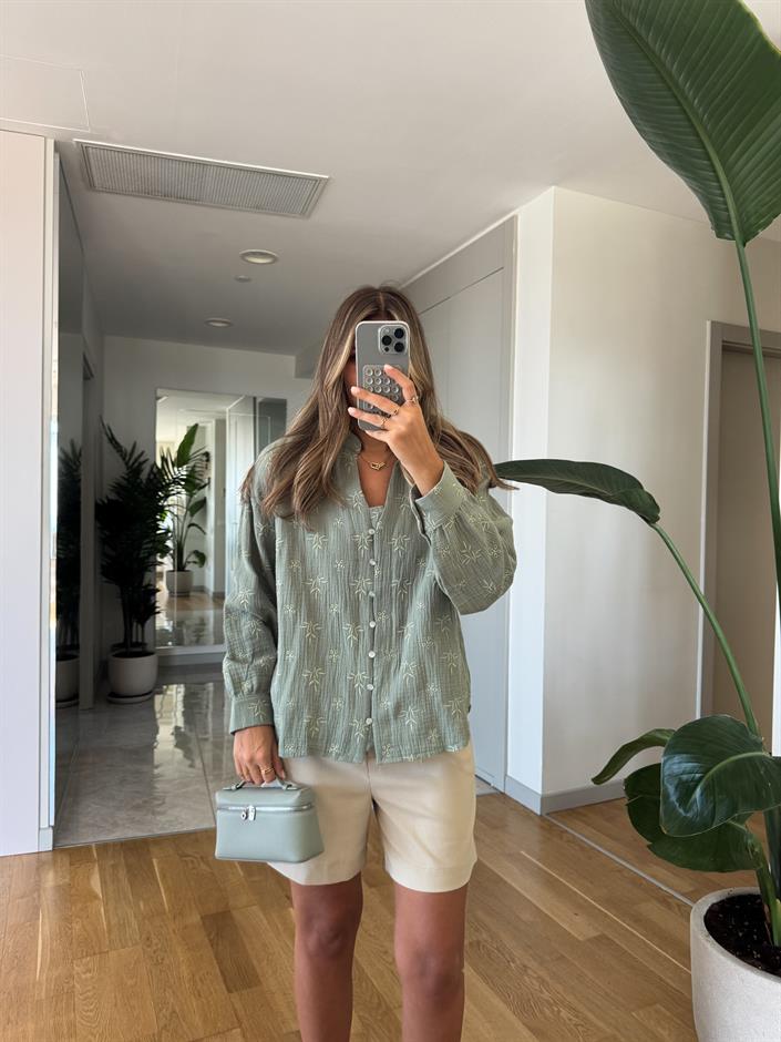 Nakışlı Müslin Gömlek Bluz - Mint