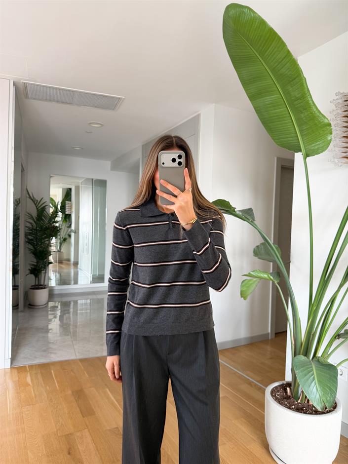 Name Polo Yaka İnce Çizgili Triko - Antrasit