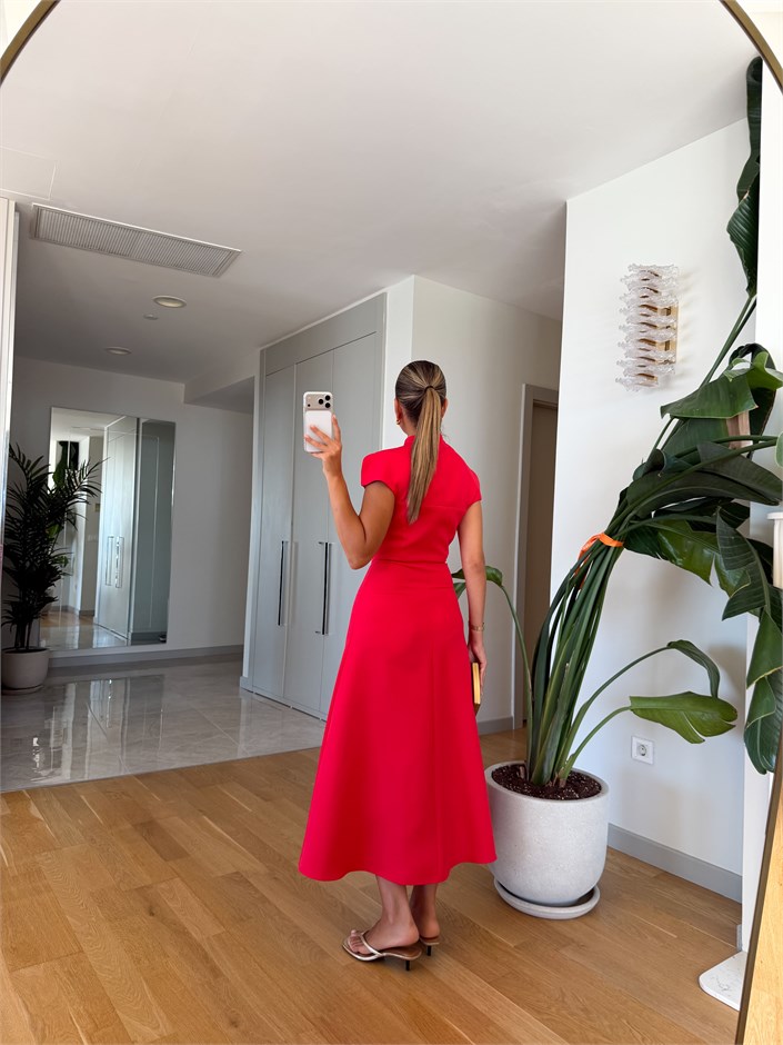 Nilsa Yaka Detaylı Midi Elbise - Kırmızı