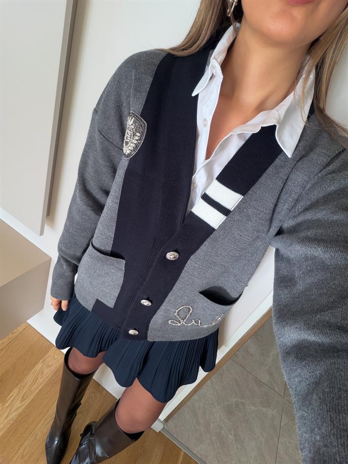 Noir V Yaka Arma Detaylı Hırka -  Gri Lacivert