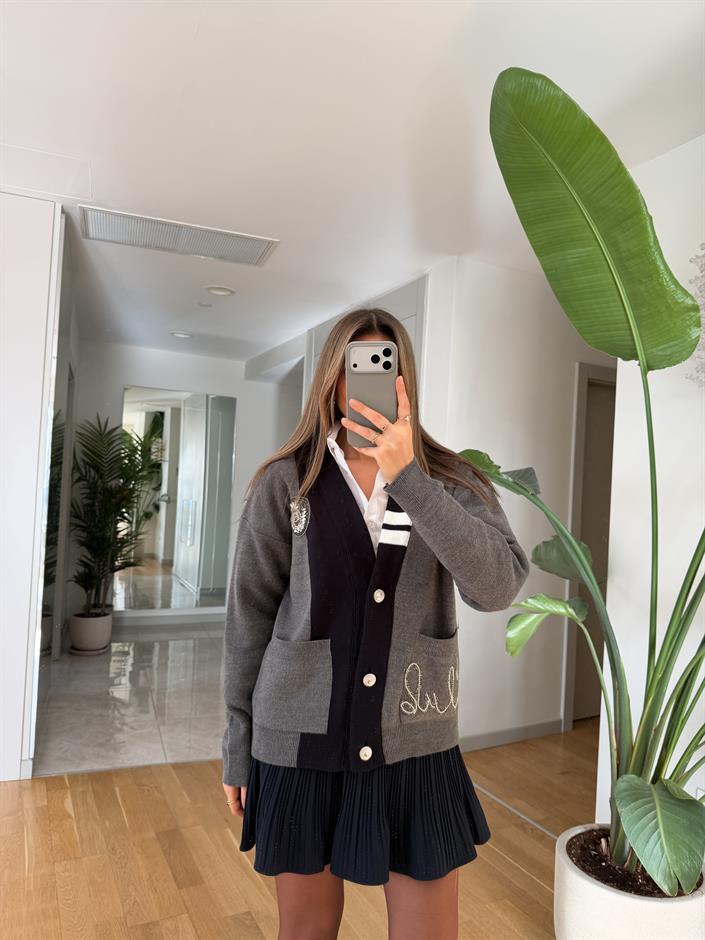 Noir V Yaka Arma Detaylı Hırka -  Gri Lacivert