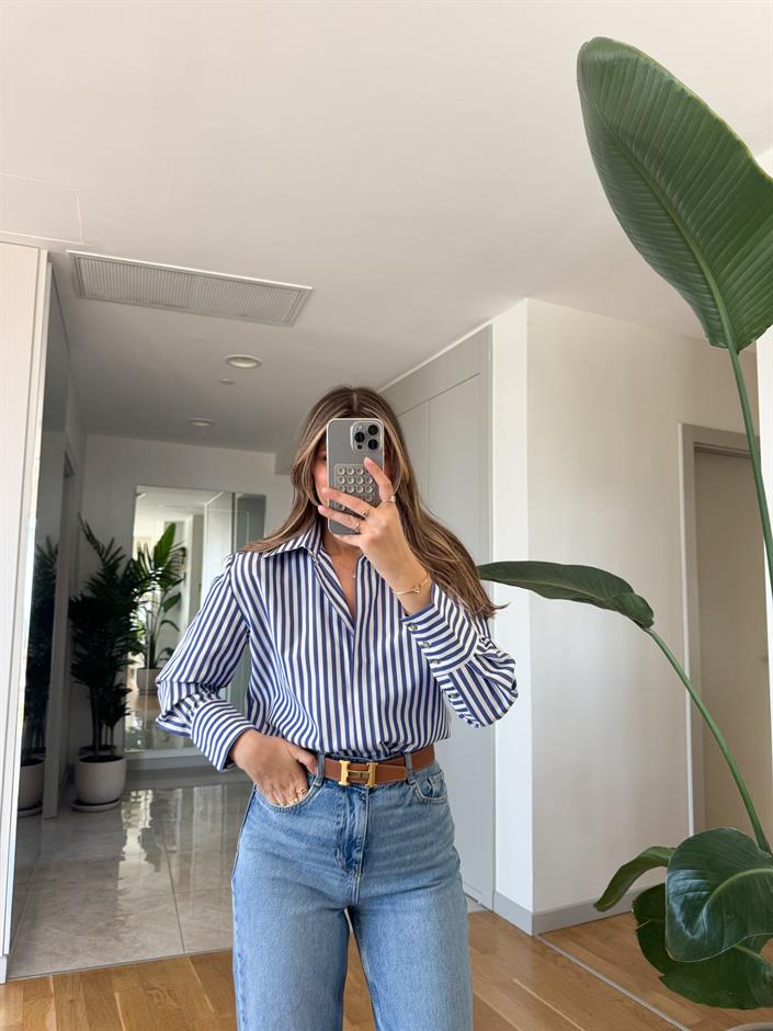 Nomi Çizgili Oxford Gömlek - Mavi