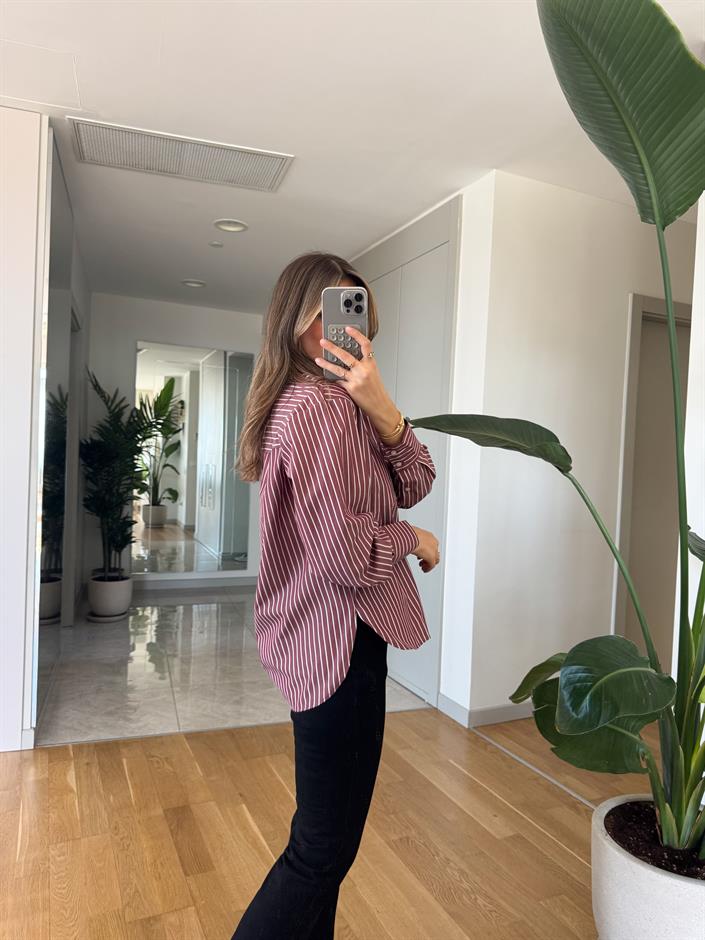 Nora Çizgili Oxford Gömlek - Bordo