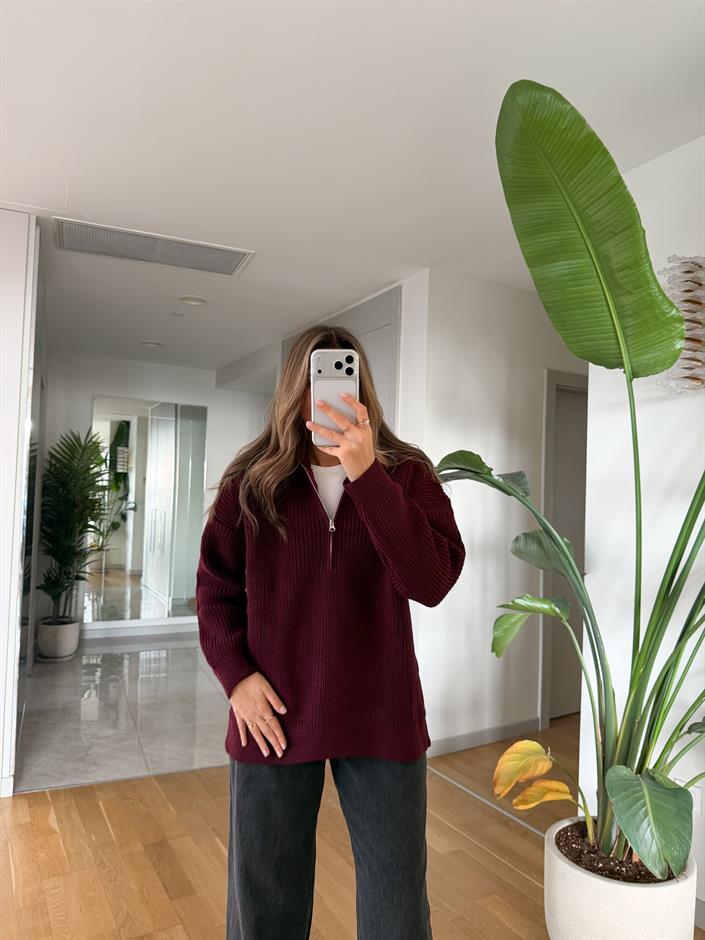 Nora Fermuarlı Kazak - Bordo