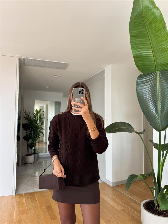 Nora Saç Örgülü Kazak - Acı Kahve