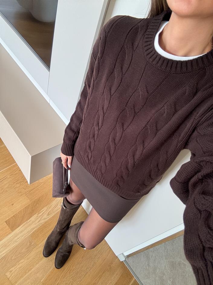 Nora Saç Örgülü Kazak - Acı Kahve