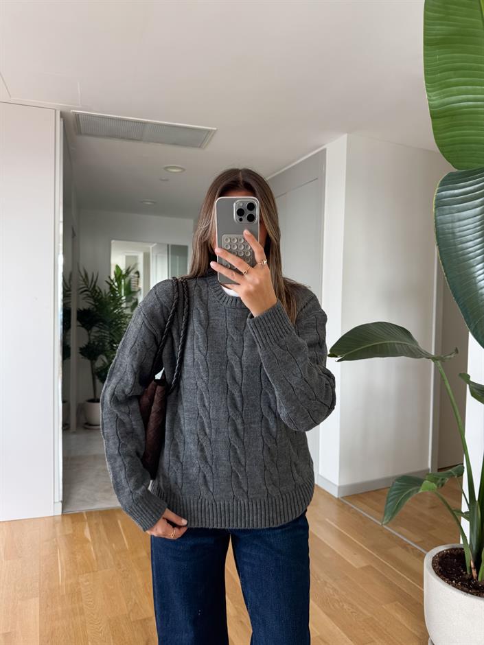 Nora Saç Örgülü Kazak - Antrasit