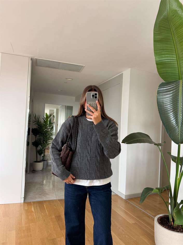 Nora Saç Örgülü Kazak - Antrasit