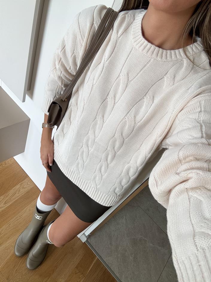 Nora Saç Örgülü Kazak - Ekru 