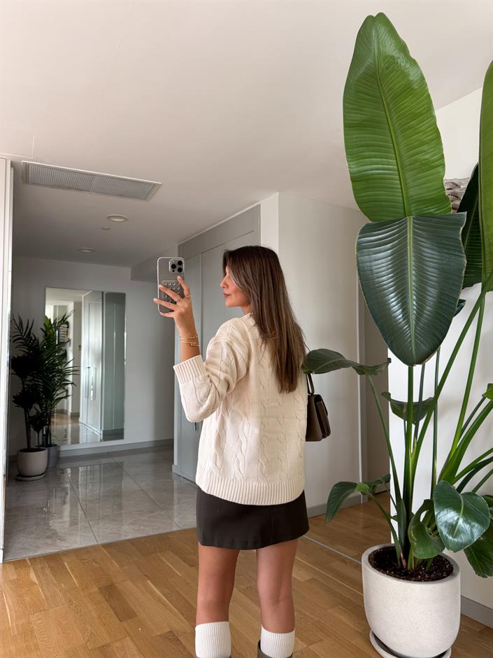 Nora Saç Örgülü Kazak - Ekru 