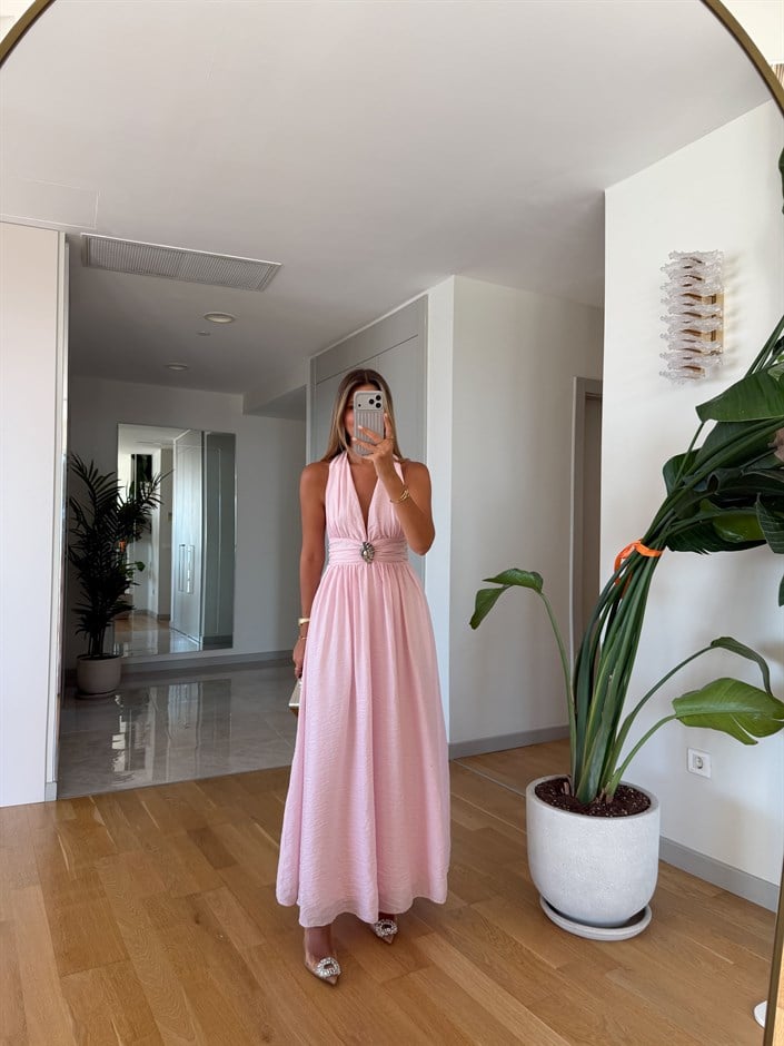 Norton Tokalı Midi Elbise - Pembe