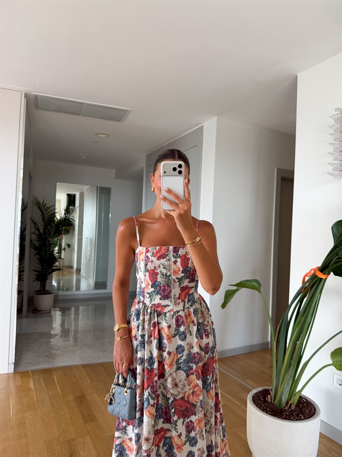 Nosa Floral Desen Midi Elbise 