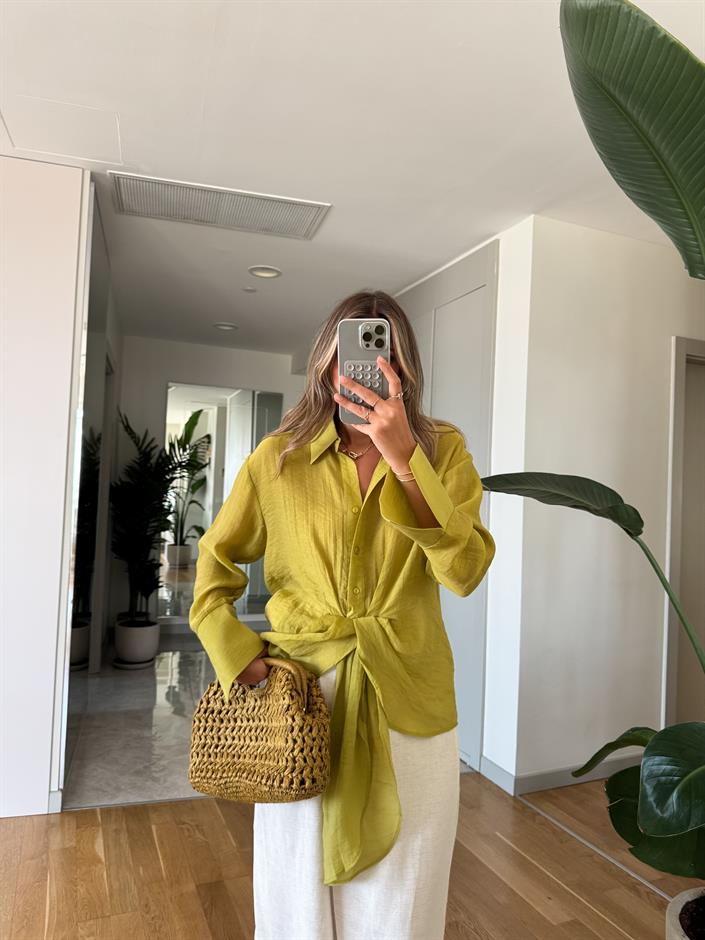 Olive Bel Bağlamalı Gömlek