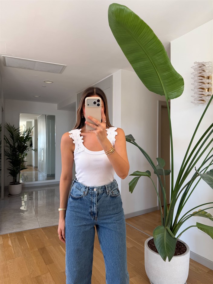 Omuz Dantelli Atlet - Beyaz