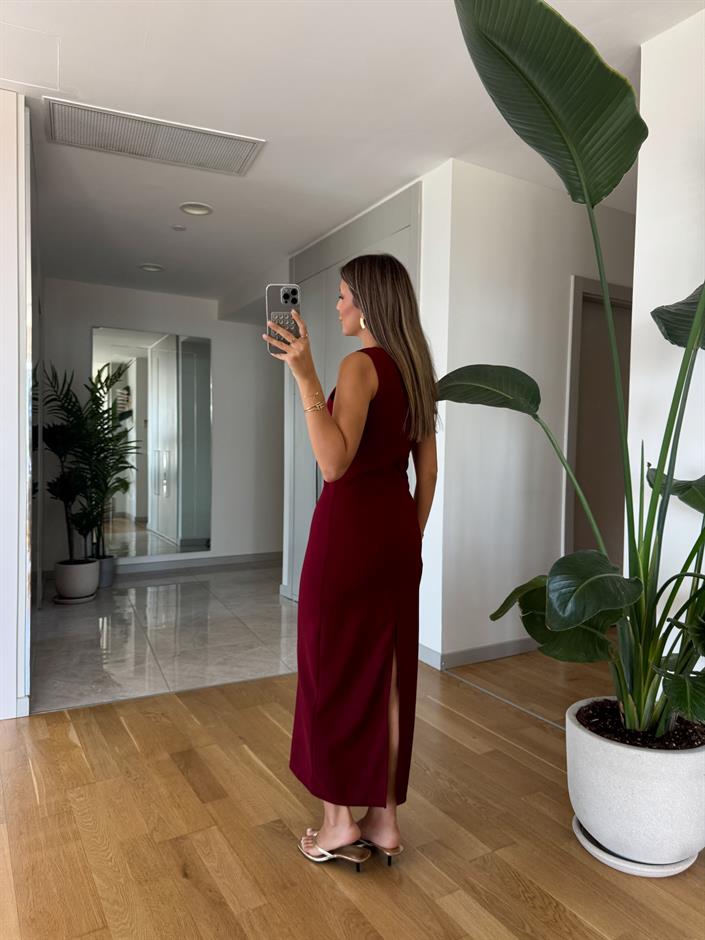 Omzu Gold Tokalı Elbise - Bordo