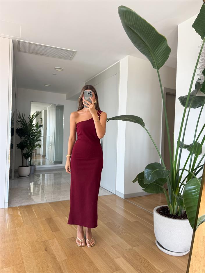 Omzu Gold Tokalı Elbise - Bordo