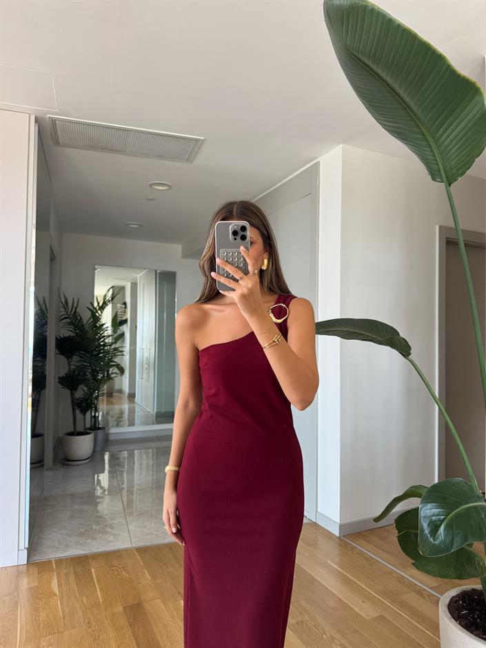 Omzu Gold Tokalı Elbise - Bordo